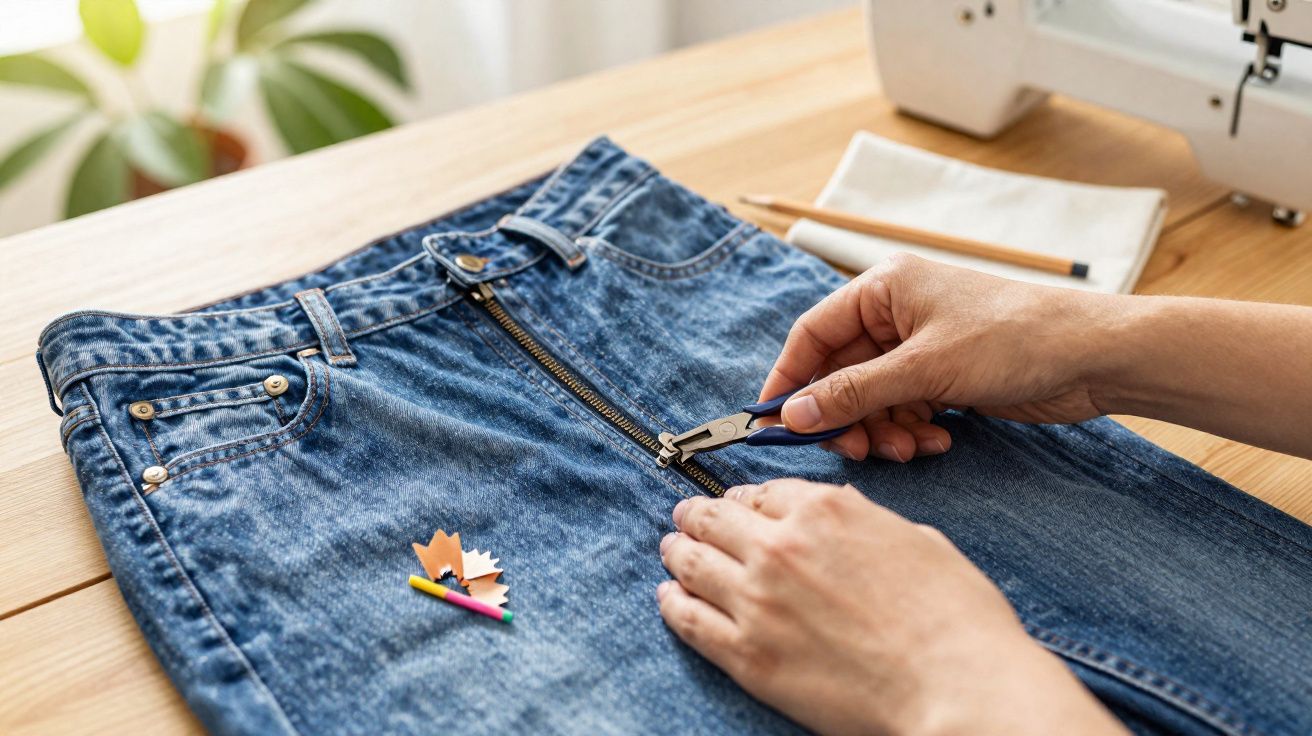 Pessoa consertando o zíper de uma saia jeans azul sobre mesa de madeira.