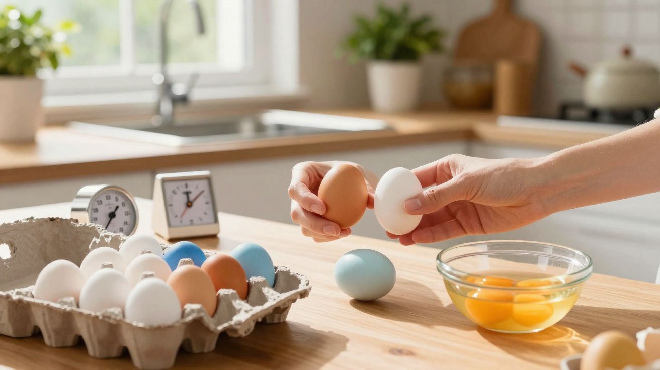 Mãos segurando ovos branco e marrom, ovos coloridos na caixa e tigela com gemas em bancada de cozinha.