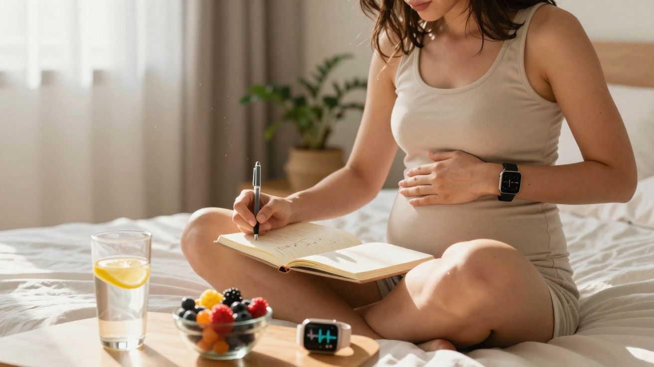 Mulher grávida sentada na cama escrevendo em caderno, com copo de água, frutas e monitor fetal à frente.