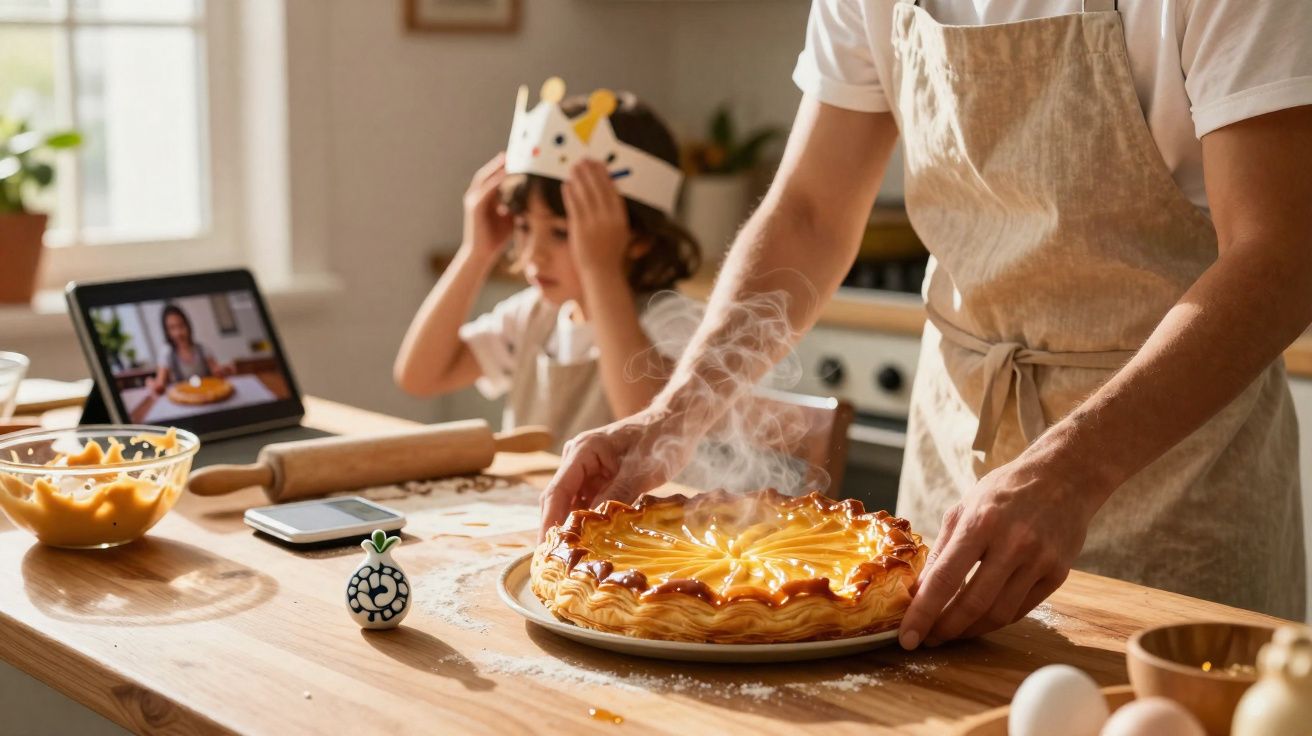 Homem tira torta quente do forno na cozinha enquanto criança com coroa de papel assiste aula de culinária online.