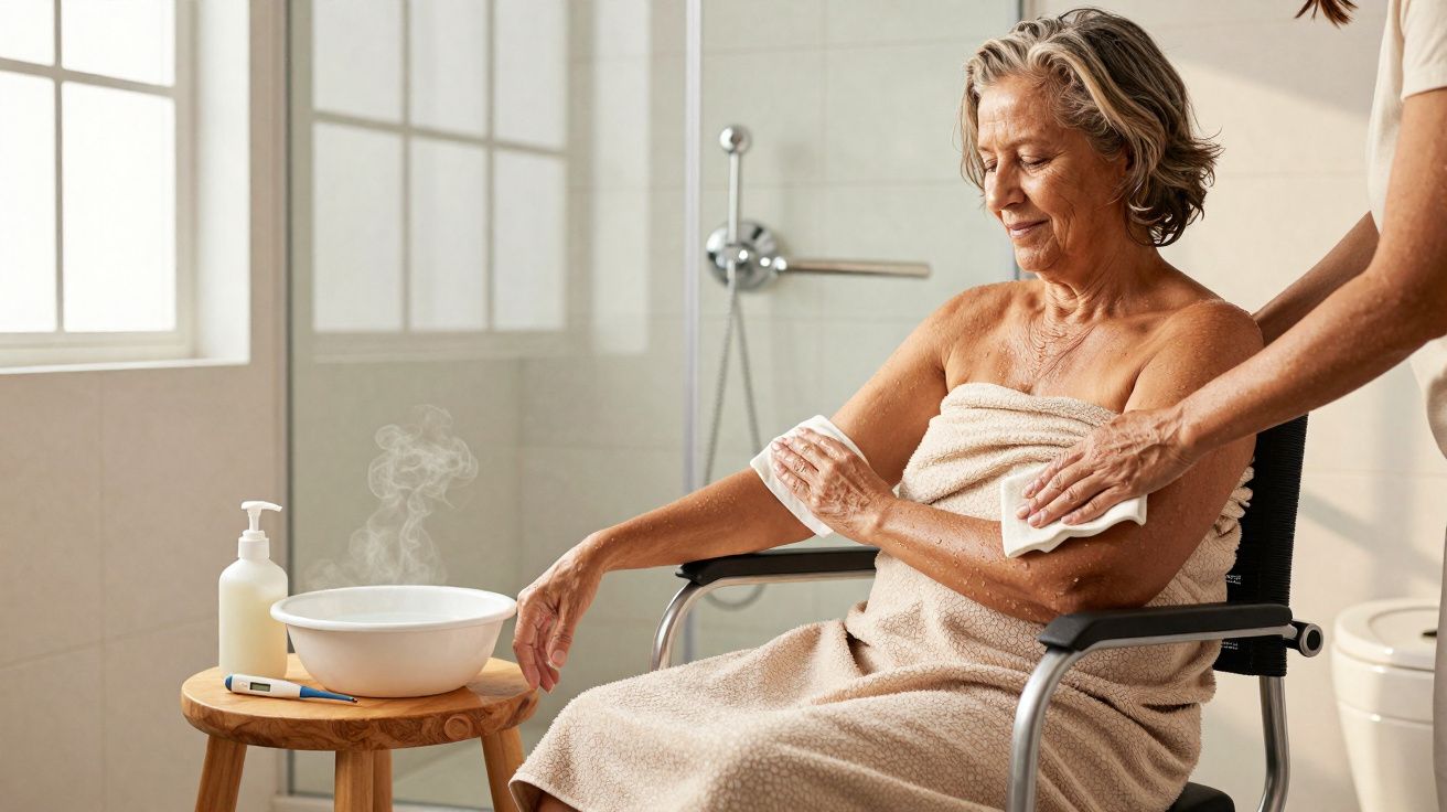 Mulher idosa em cadeira de rodas recebendo cuidados de outra pessoa em banheiro iluminado.