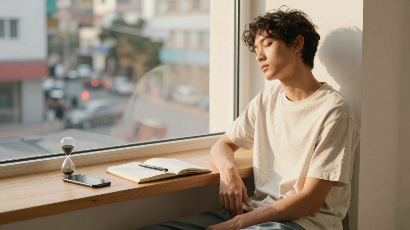 Jovem sentado ao lado da janela com olhos fechados, mesa com caderno, celular e ampulheta.