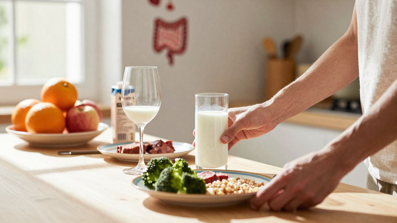Pessoa segurando copo de leite ao lado de prato com vegetais e frutas em bancada de cozinha.