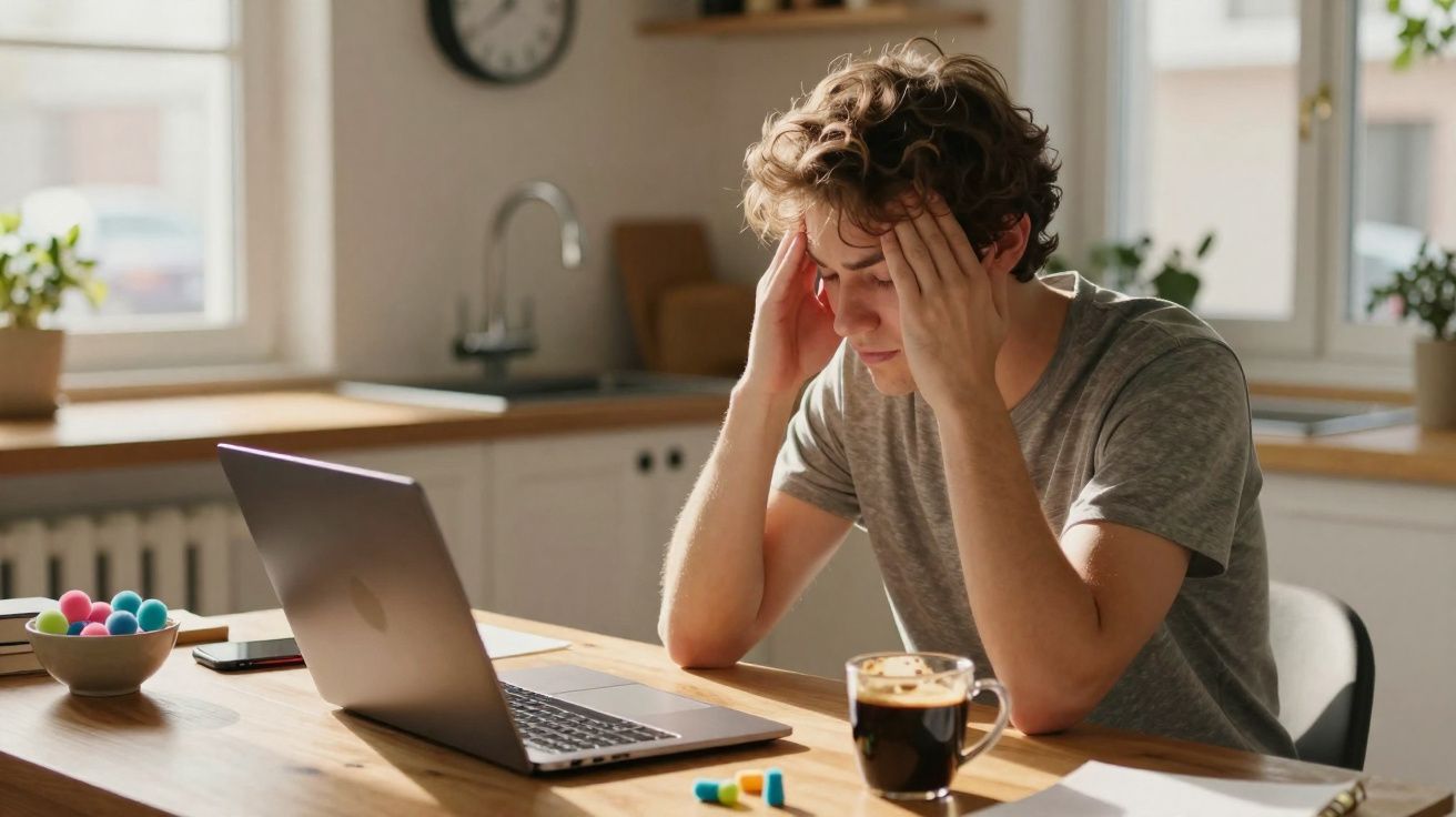 Jovem sentado à mesa com expressão de estresse, olhando para laptop em cozinha iluminada.