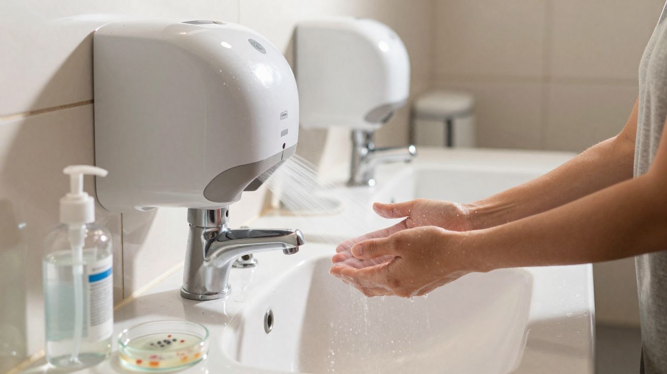 Pessoa secando as mãos com secador automático em pia de banheiro, ao lado de sabonete líquido e placa de petri.