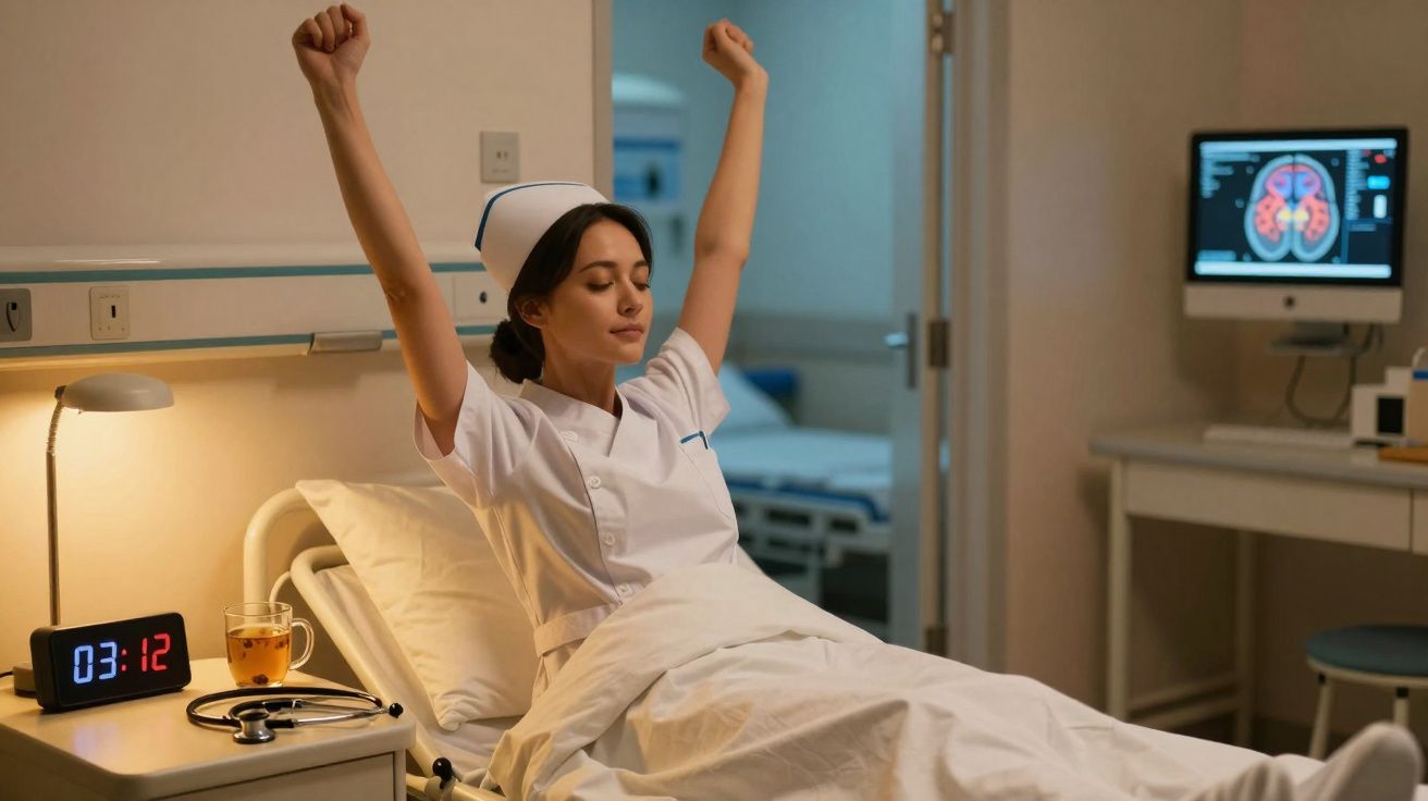 Enfermeira em uniforme branca acorda e espreguiça-se na cama de hospital à noite.