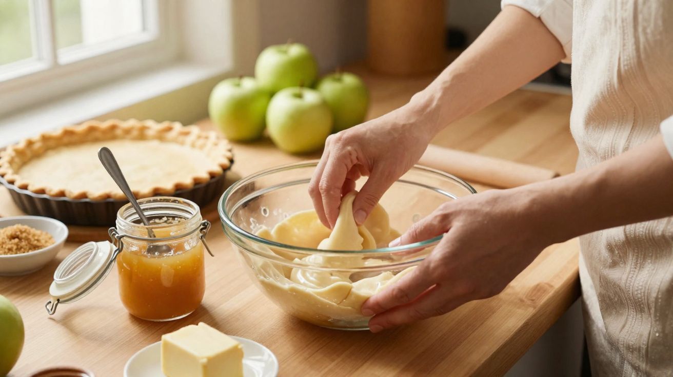 Pessoa preparando massa para torta de maçã com ingredientes na bancada da cozinha.