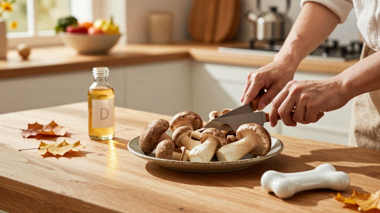 Pessoa cortando cogumelos frescos sobre uma tábua de madeira na cozinha iluminada naturalmento.