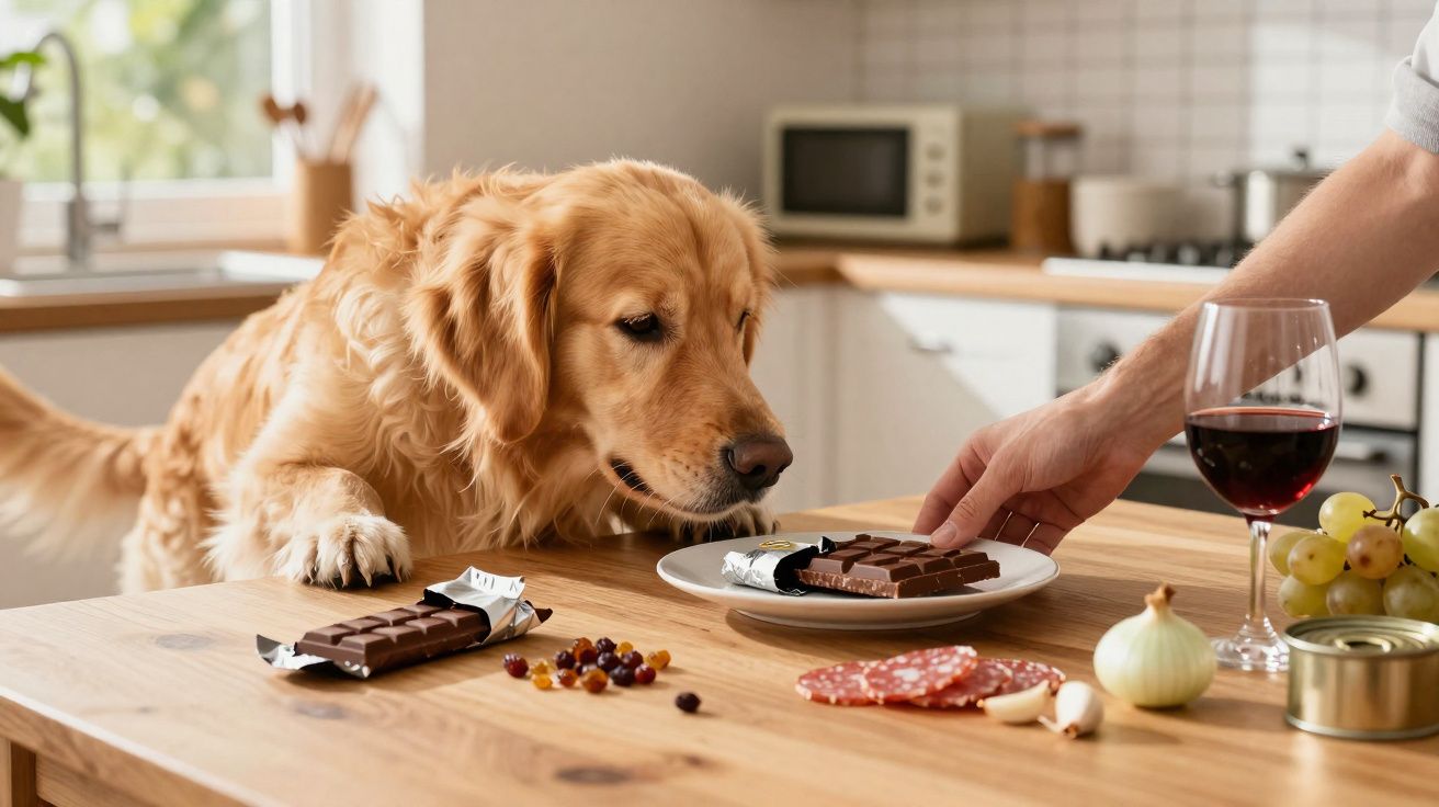 Cachorro olhando para barras de chocolate em uma cozinha, próximo a petiscos e taça de vinho.