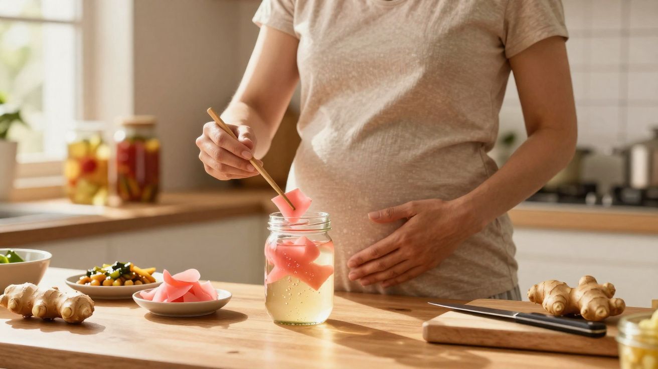 Gestante preparando chá com gengibre e fatias de gengibre em cozinha iluminada.