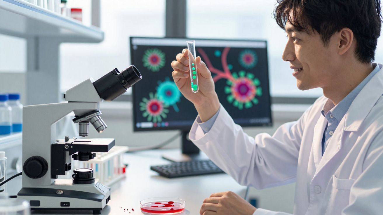 Cientista em laboratório segurando tubo de ensaio com esferas verdes, microscópio e tela com imagens de vírus ao fundo.