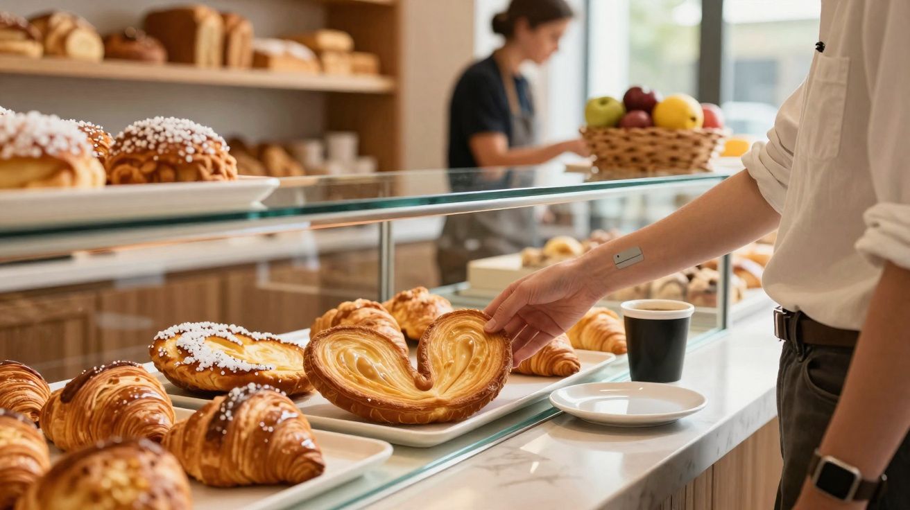 Pessoa pegando folhado em formato de coração em padaria com variedade de pães expostos no balcão.