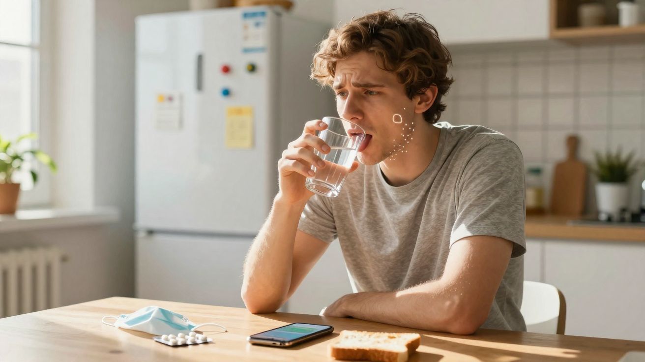 Jovem com expressão de dor tomando água na cozinha, com máscara, remédios e pão sobre a mesa.