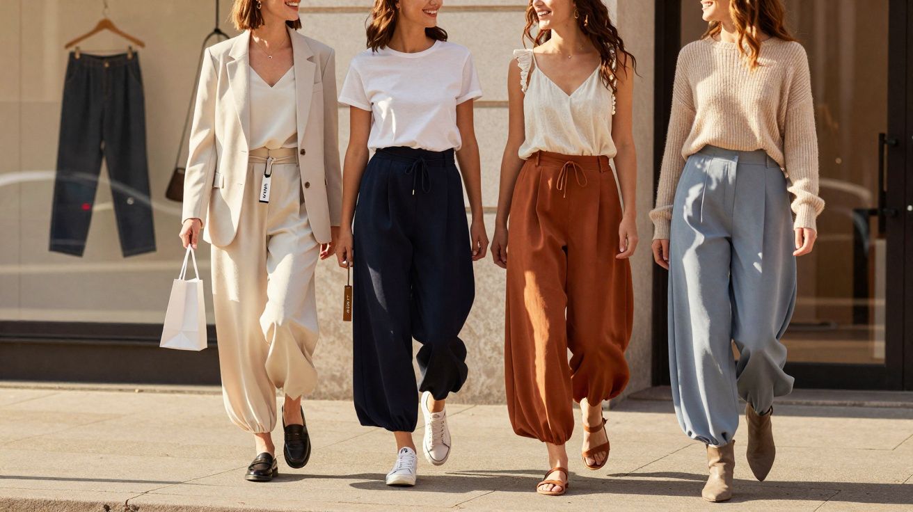 Quatro mulheres caminhando na rua usando calças largas com barra irregular em cores bege, preta, marrom e azul.