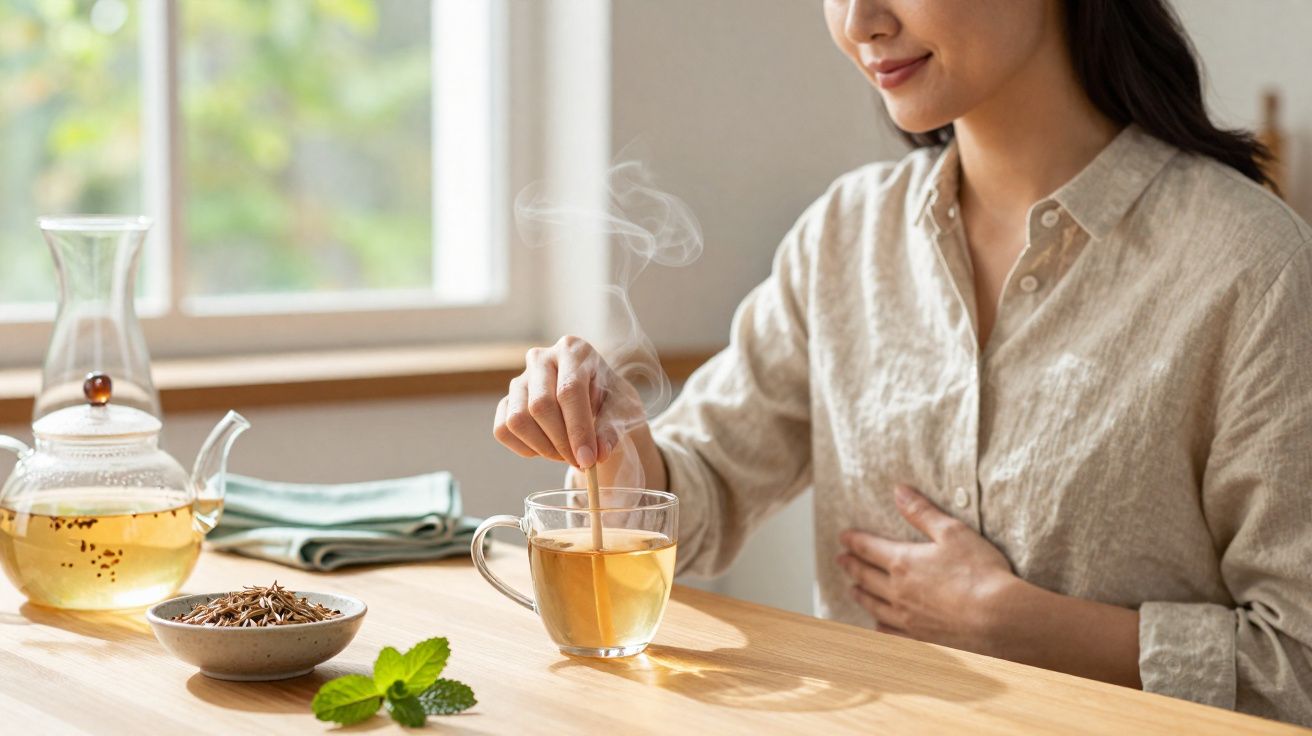 Mulher mexendo chá em xícara transparente, com chaleira e ervas sobre mesa de madeira clara.