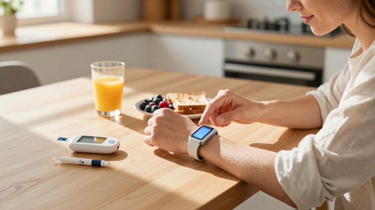 Mulher em cozinha usando relógio inteligente, com aparelho de medir glicose, caneta e café da manhã na mesa.