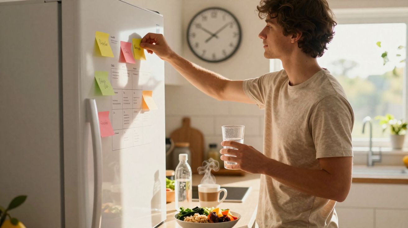 Jovem em cozinha colocando post-its na geladeira enquanto segura copo com água.