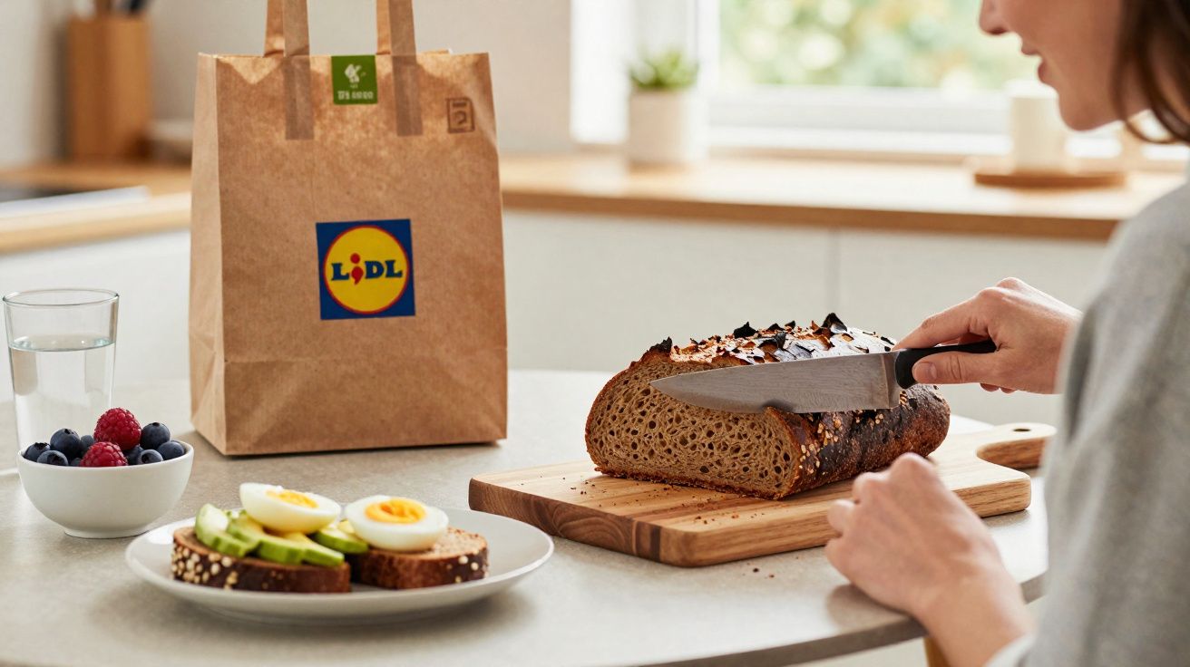 Pessoa cortando pão integral em tábua, com prato de torradas e bolsa do supermercado Lidl ao fundo.