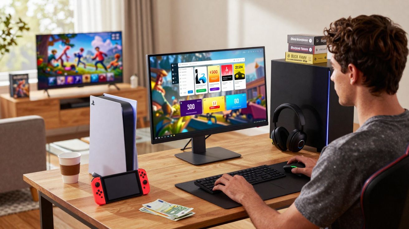 Jovem jogando no computador com console PlayStation 5, Nintendo Switch e TV ao fundo na sala.