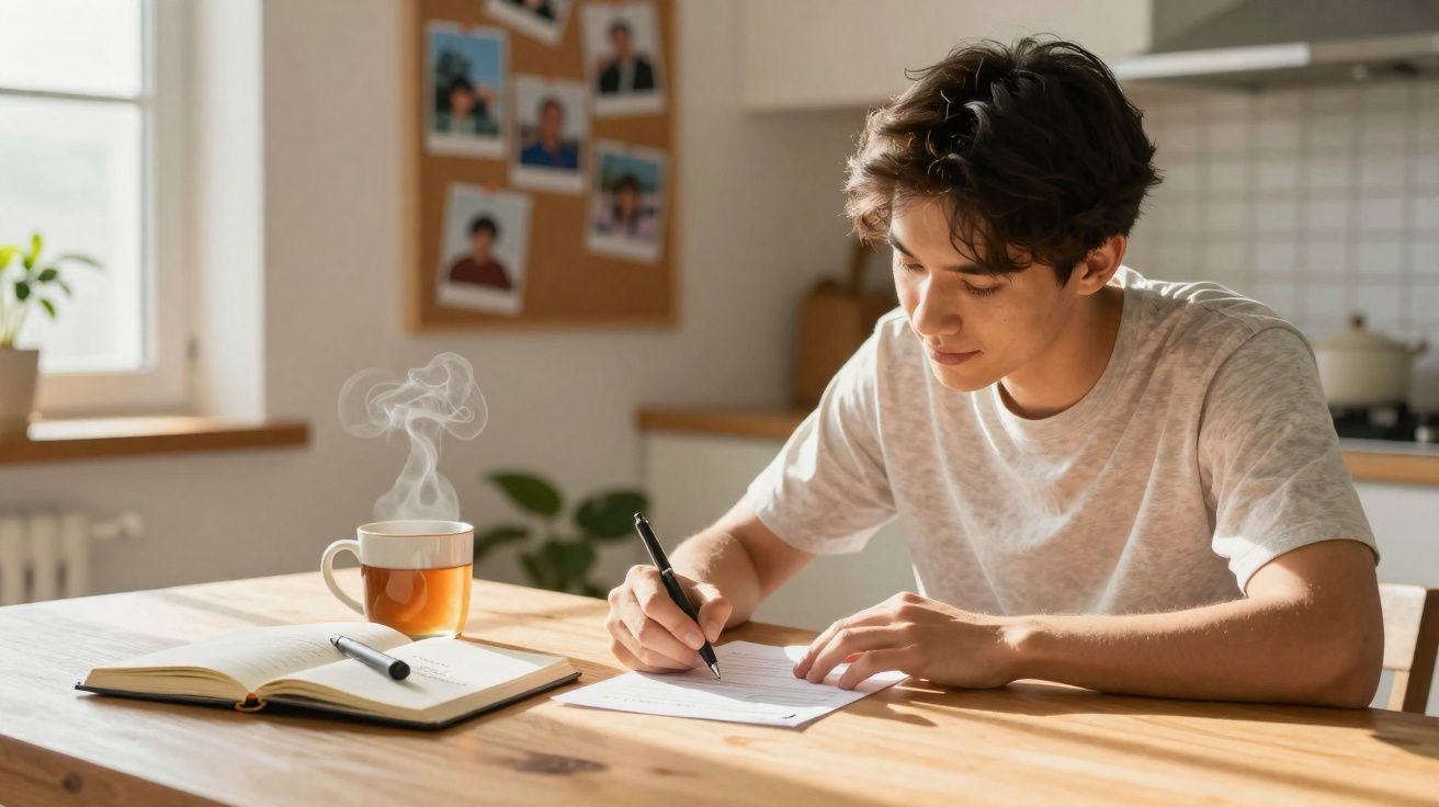 Jovem escrevendo em folha de papel, com caderno aberto e xícara de chá fumegante em mesa de madeira.