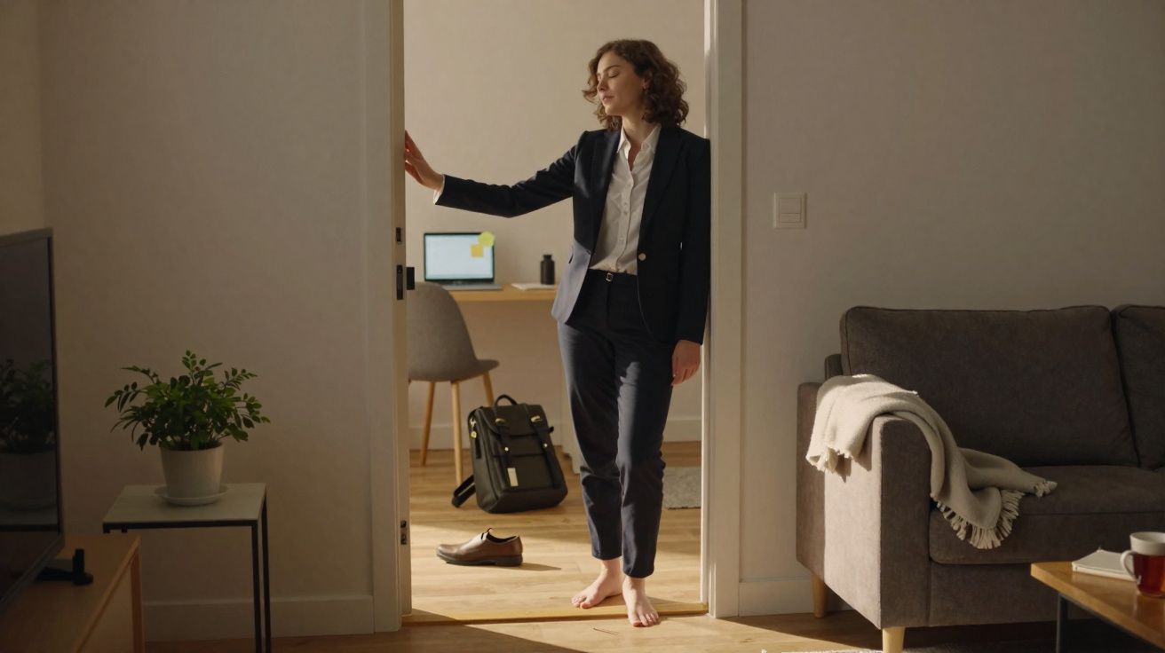 Mulher descalça de terno azul abrindo porta entre sala e escritório em casa com luz natural.