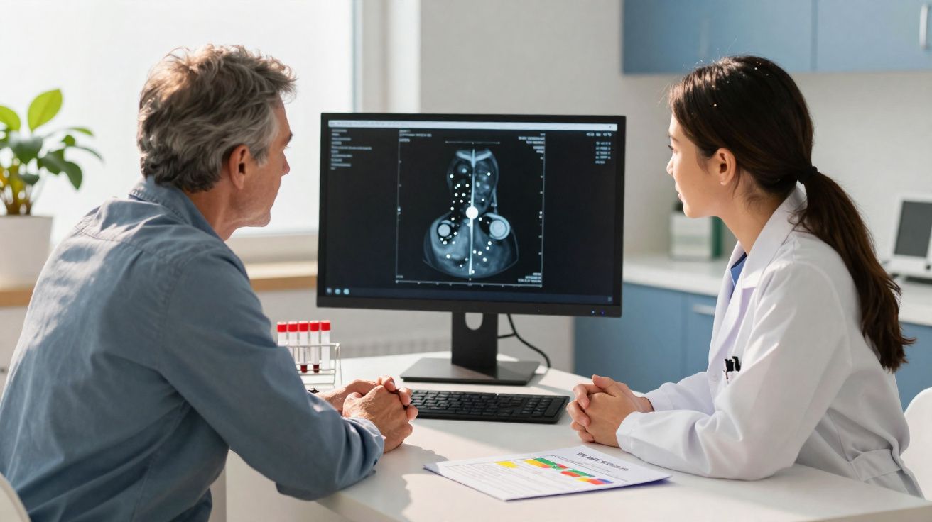 Médica e paciente analisando exame de imagem no computador em ambiente clínico iluminado.