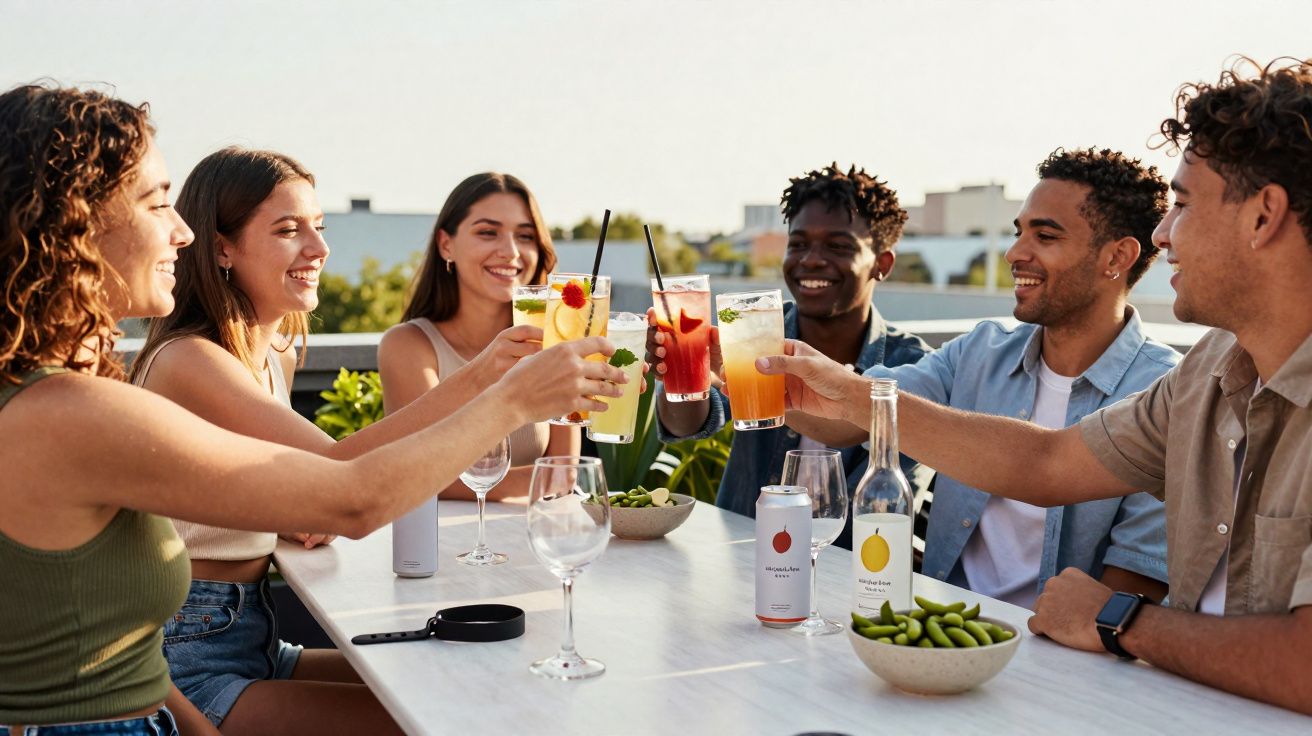 Grupo de amigos brindando com coquetéis coloridos em uma mesa ao ar livre, em clima descontraído.