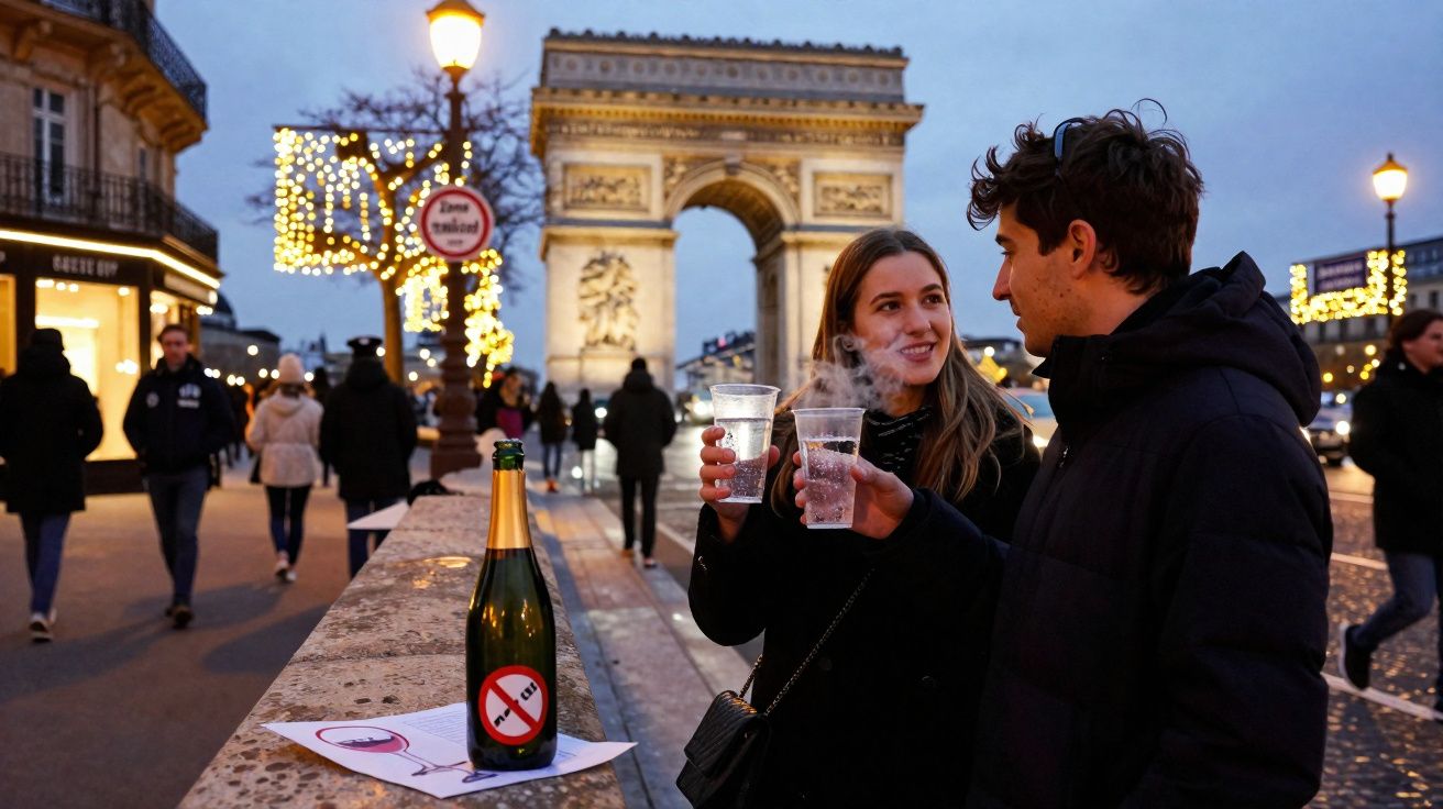 Casal brindando com copos na rua à noite, com o Arco do Triunfo iluminado ao fundo em Paris.