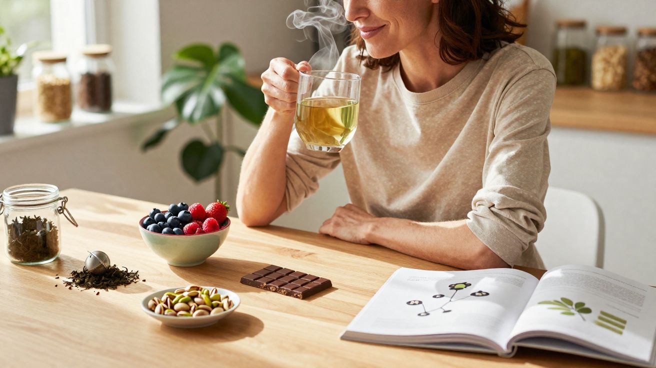 Mulher segurando xícara de chá quente, com frutas, chocolate, castanhas e livro aberto à sua frente em mesa.
