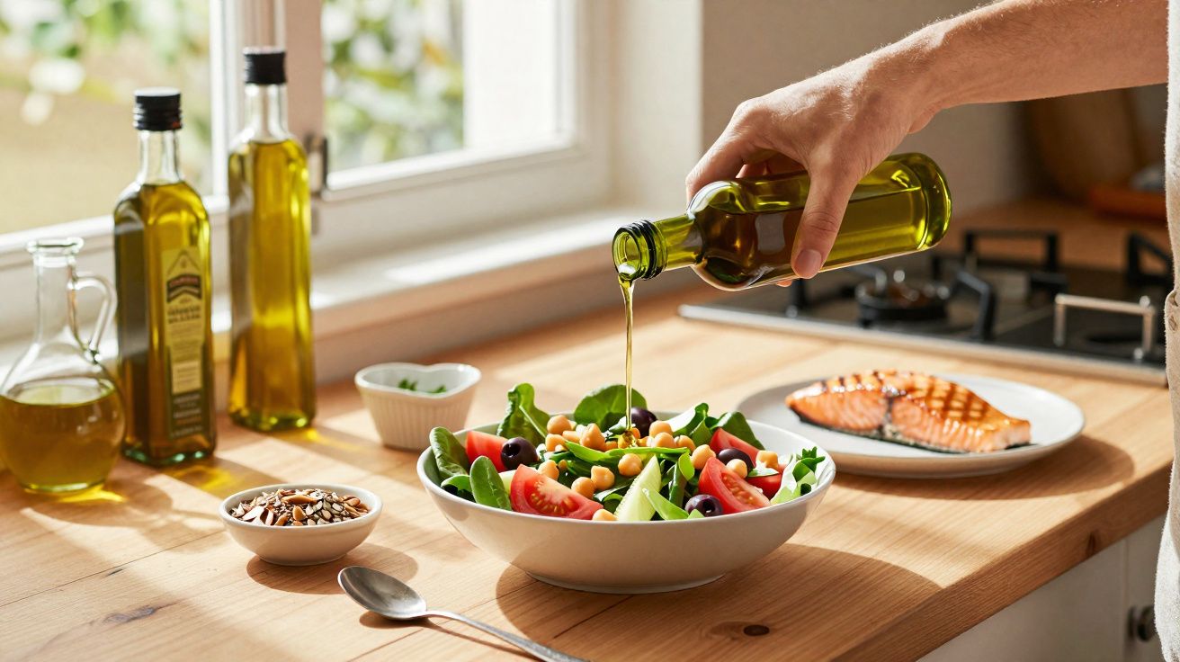 Mão despejando azeite em salada colorida com legumes, alface e grão-de-bico sobre bancada de madeira na cozinha.