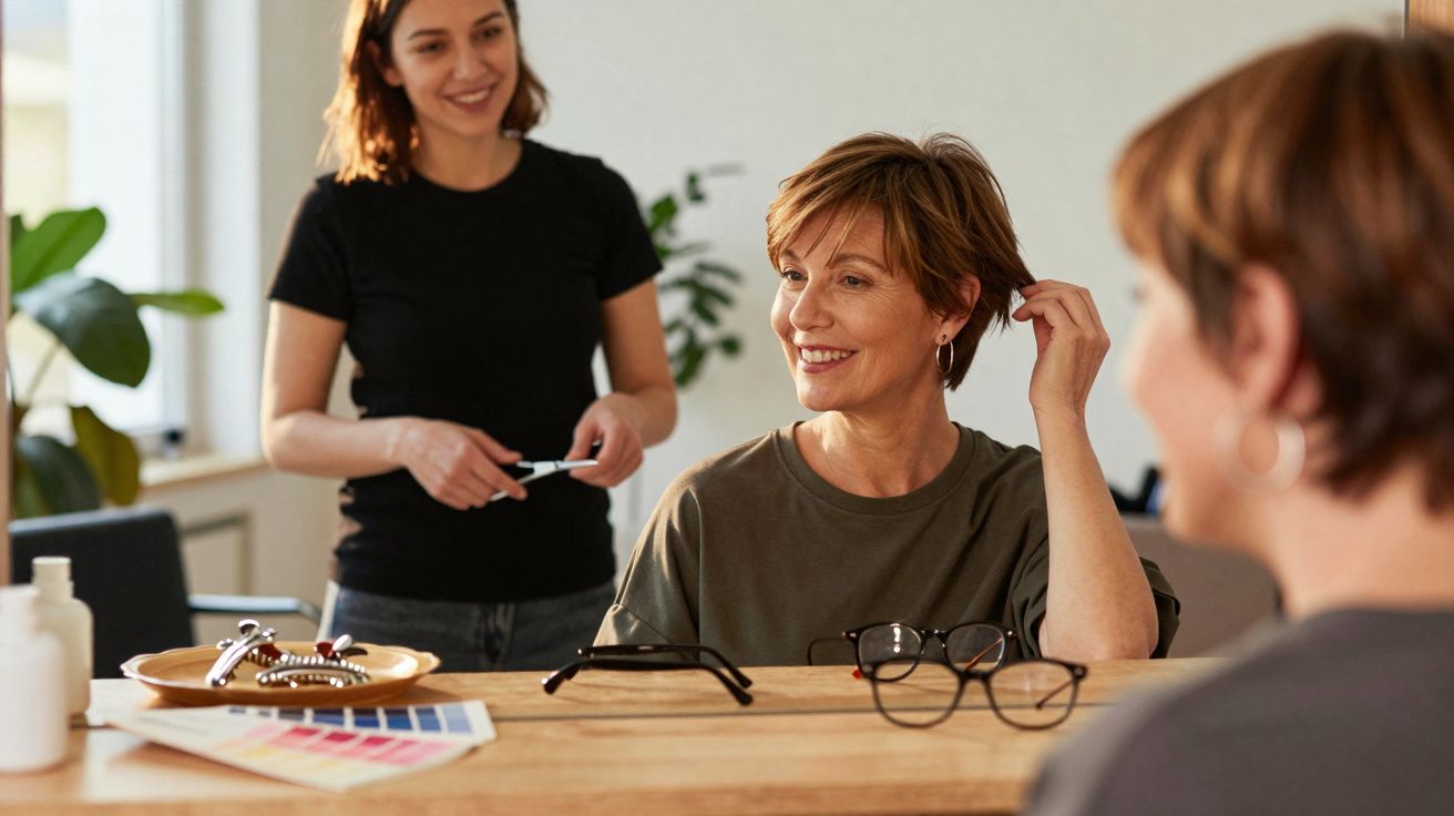 Mulher testa armações de óculos enquanto conversa com atendente em loja iluminada e moderna.