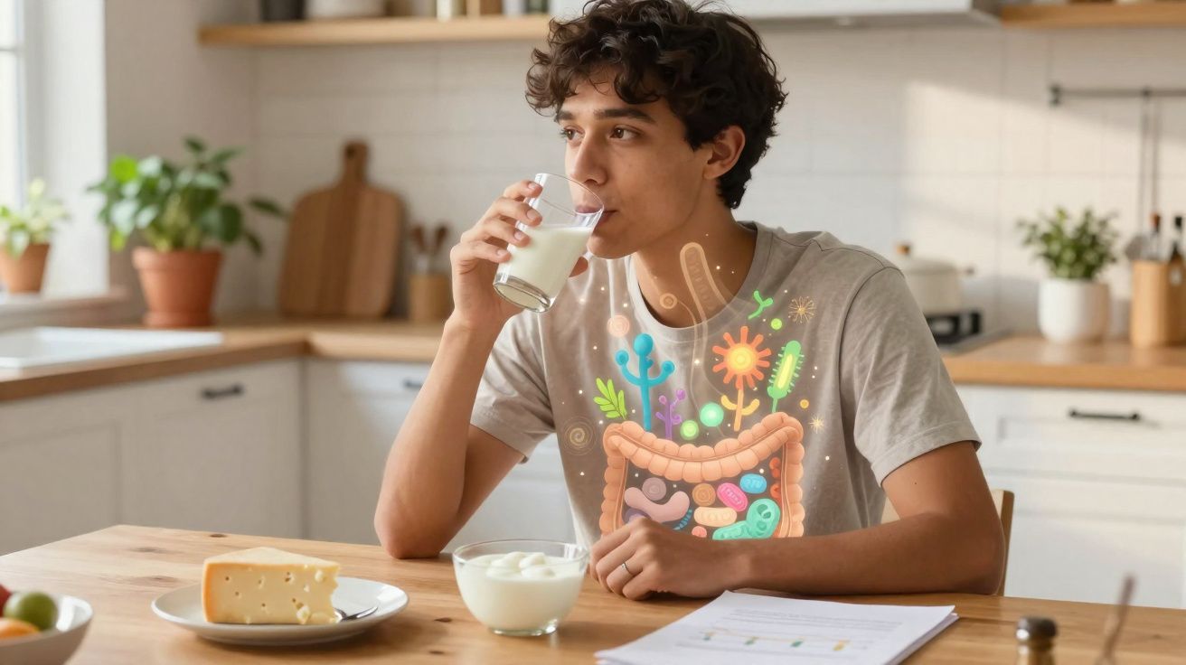 Jovem bebe leite sentado à mesa com alimentos e ilustração do sistema digestivo na barriga.