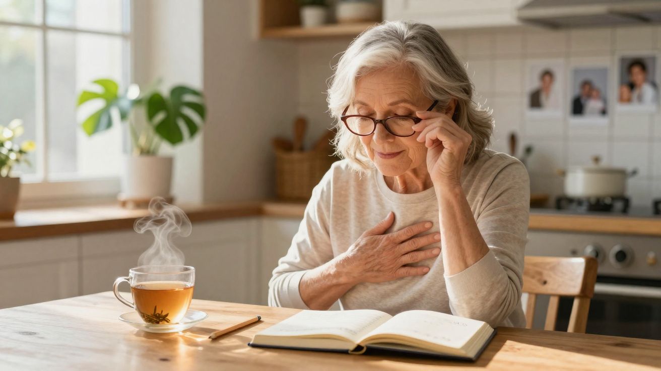 Mulher idosa sentada na cozinha lendo um livro com chá quente fumegante ao lado.