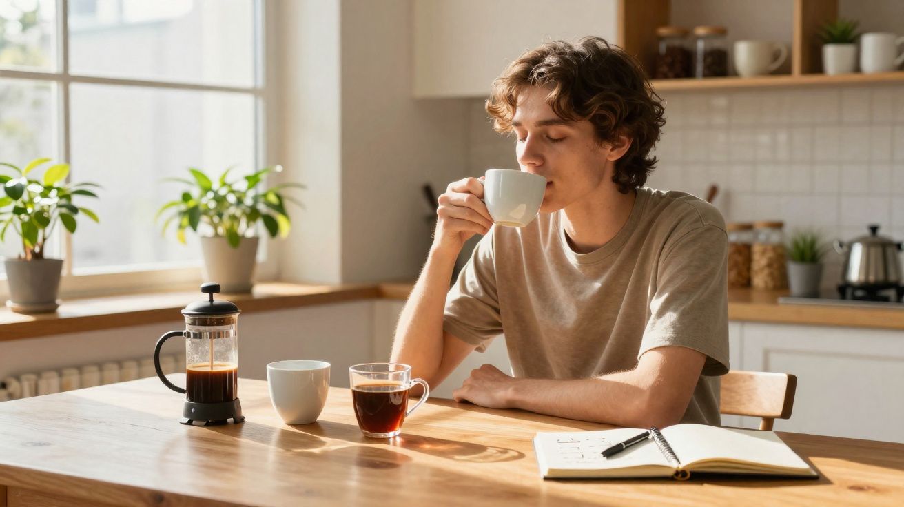 Jovem bebendo café em caneca branca, sentado à mesa com prensa francesa, xícara e caderno aberto.