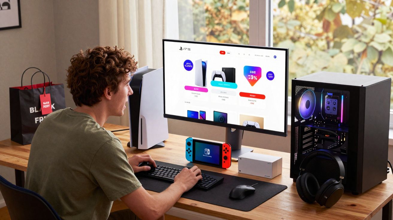 Jovem sentado em mesa com computador, monitor curvo, Nintendo Switch e acessórios de tecnologia à luz natural.