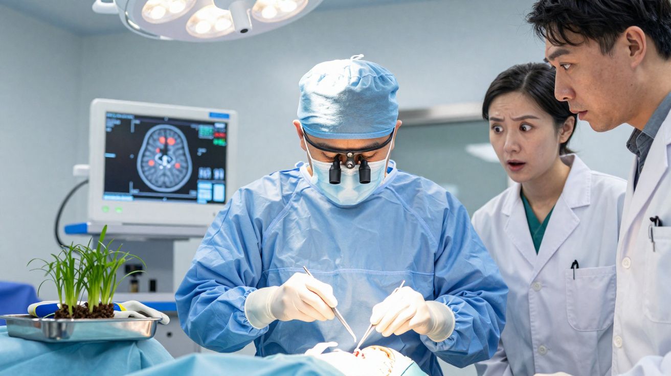 Cirurgião operando paciente com dois médicos observando, tomografia cerebral no monitor ao fundo.