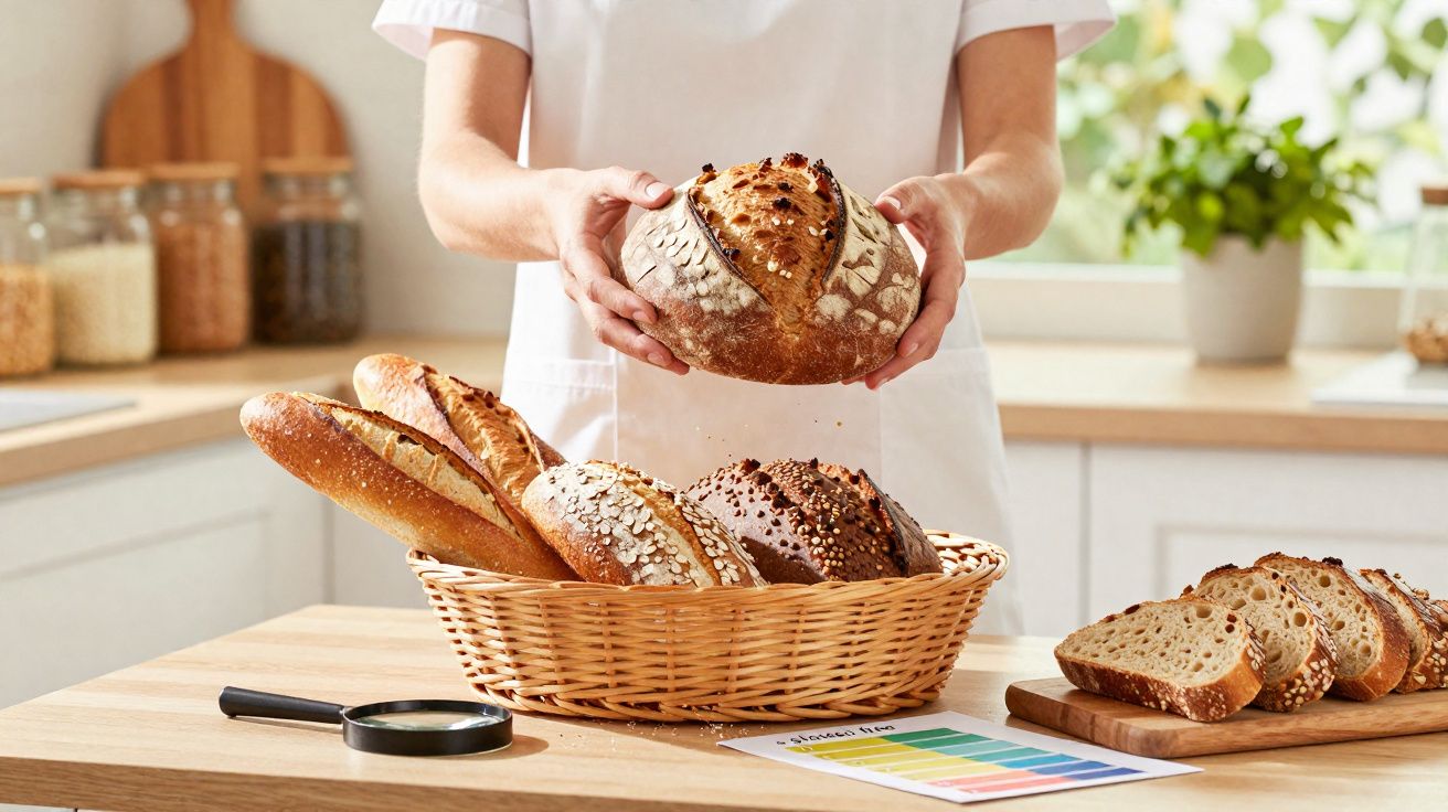 Pessoa segurando pão artesanal redondo sobre cesta com pães variados em cozinha iluminada.