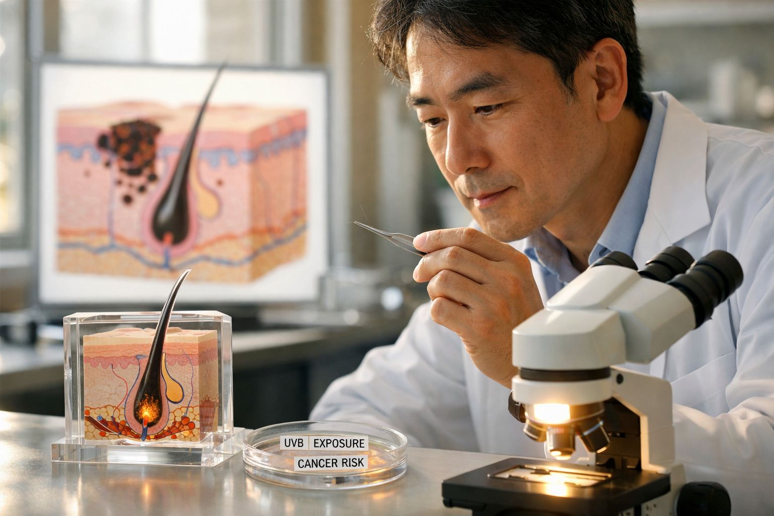 Cientista analisando modelo de folículo capilar perto de placa petri com etiquetas sobre exposição UVB e risco de câncer.