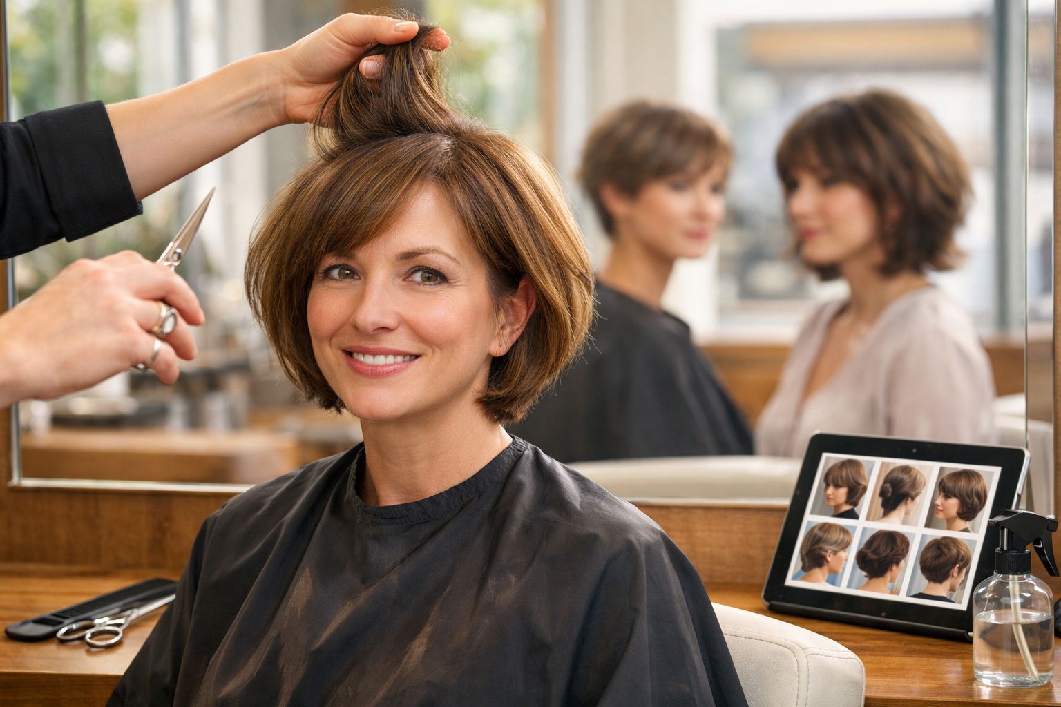 Mulher sorridente recebendo corte de cabelo curto em salão, com imagens de penteados no tablet ao lado.