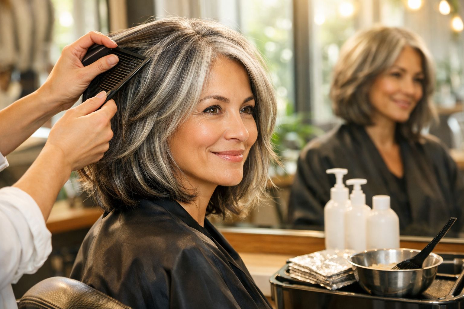 Mulher de meia-idade sorrindo enquanto penteiam seu cabelo em salão de beleza.