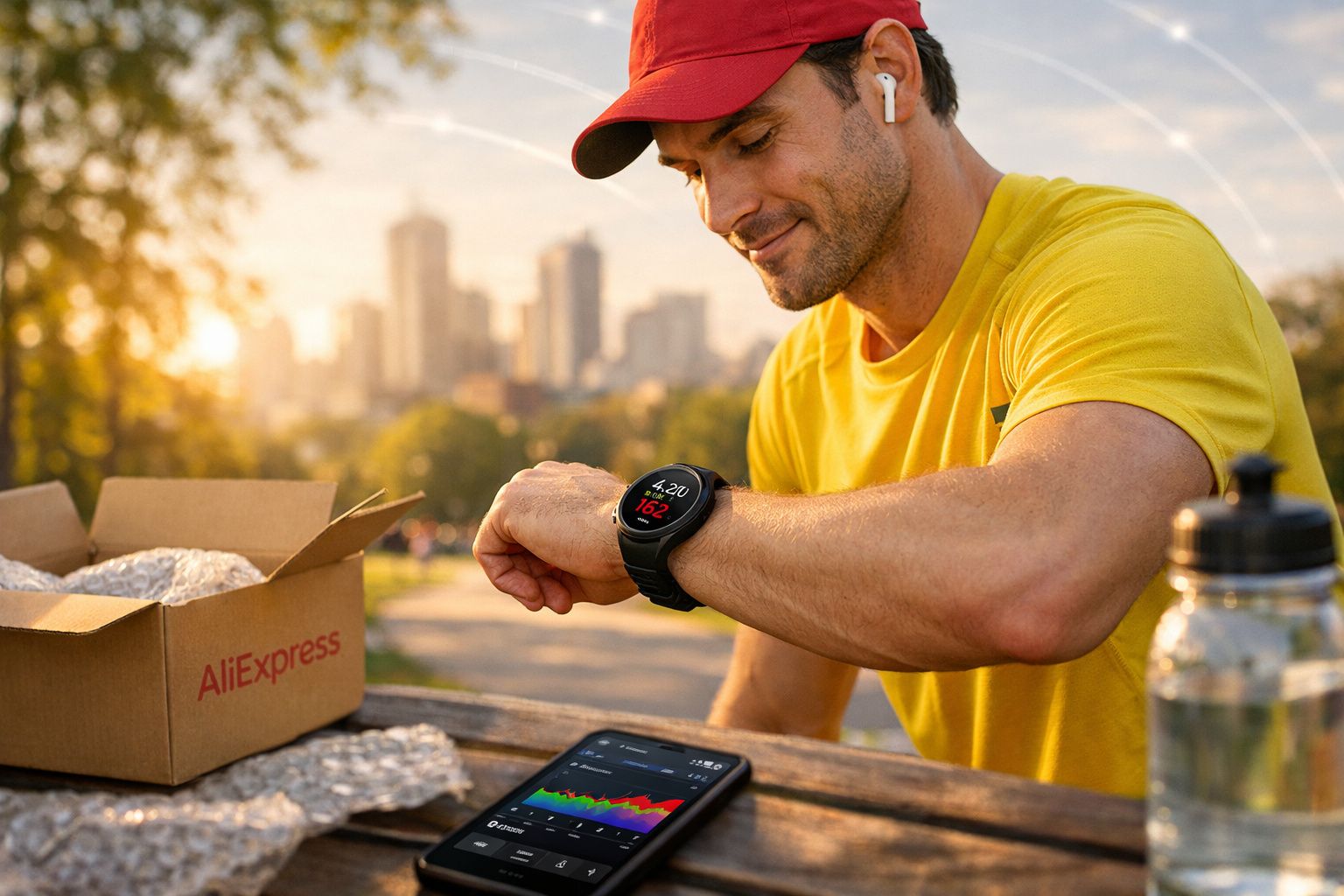 Homem com camiseta amarela e boné vermelho vê smartwatch enquanto está ao ar livre com caixa AliExpress e celular na mesa.