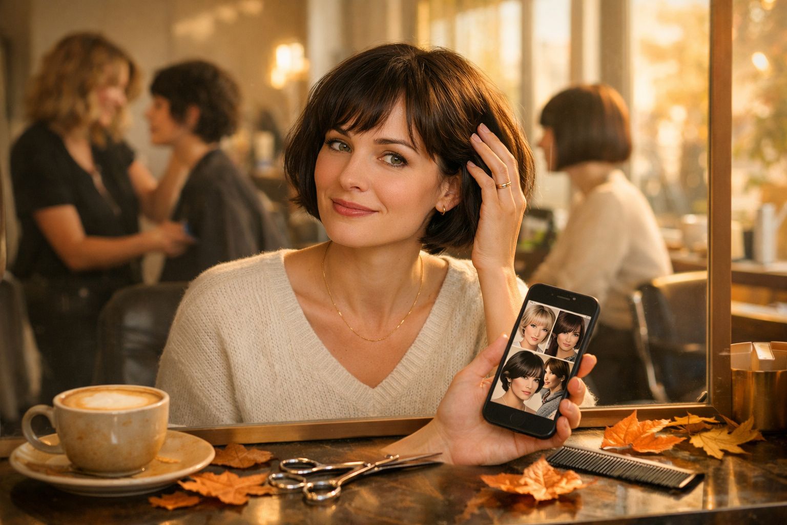 Mulher sorridente em salão de cabeleireiro mostrando no celular fotos de cortes de cabelo femininos.