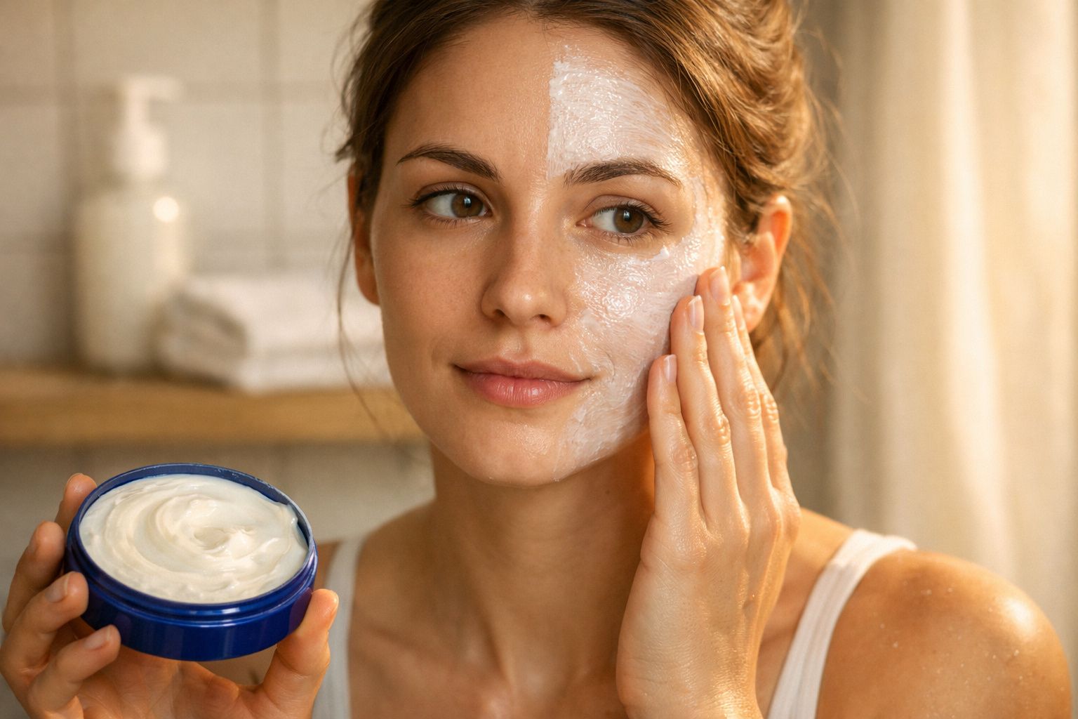 Mulher aplicando creme facial branco no rosto em ambiente iluminado e aconchegante.