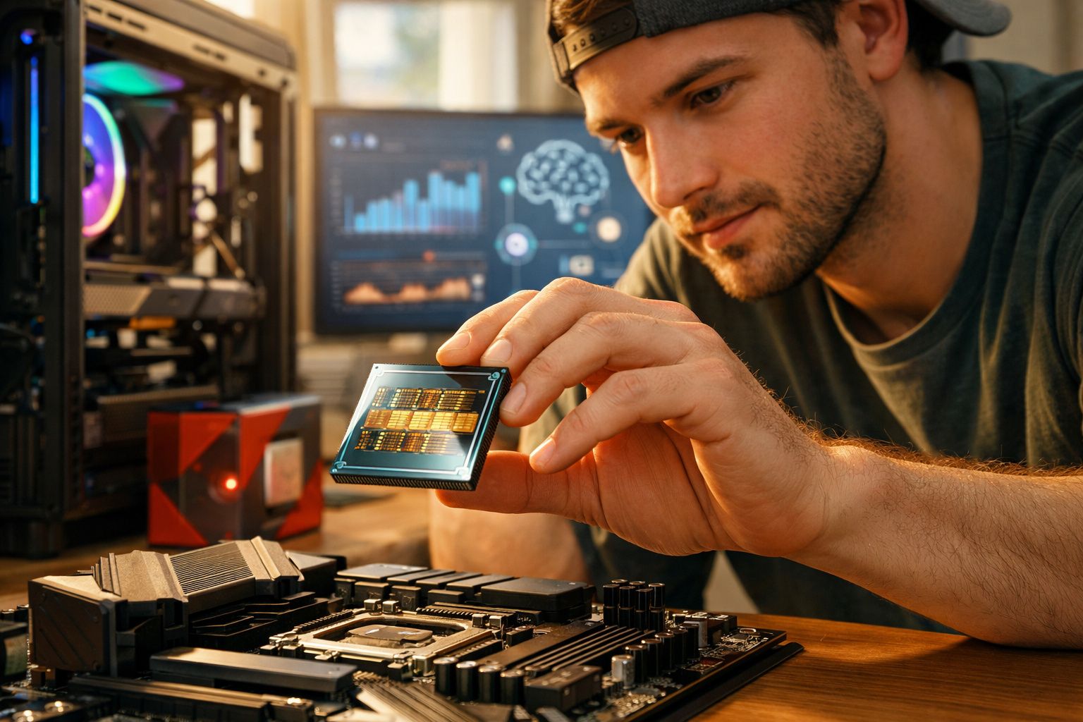 Homem instalando chip de processamento em placa-mãe de computador em ambiente tecnológico.