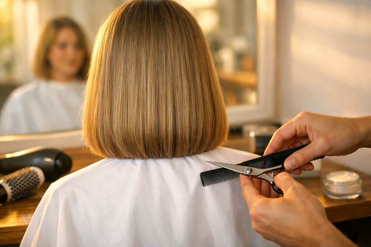 Pessoa com capa de corte de cabelo recebendo acabamento em cabelo loiro médio com tesoura e pente.