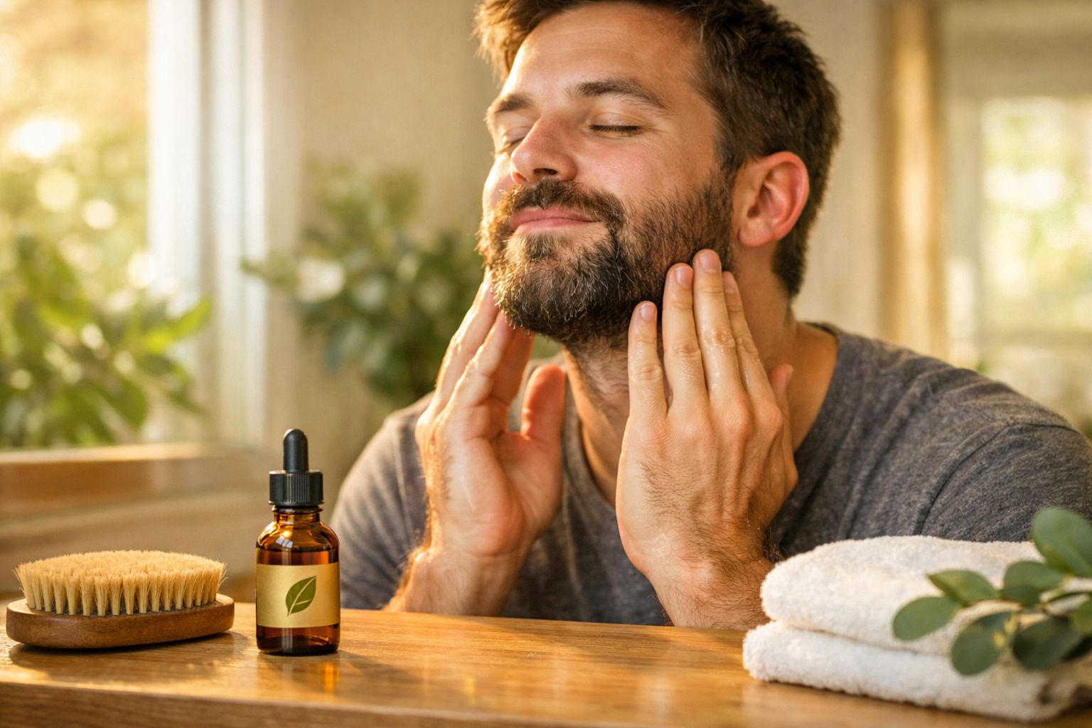 Homem cuidando da barba aplicando óleo facial em ambiente iluminado com produtos naturais na mesa.