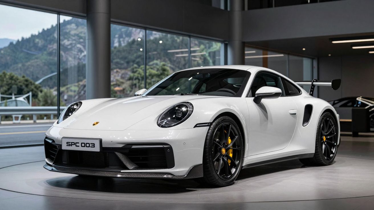 Carro esportivo branco Porsche 911 GT3 RS em showroom moderno com rodas pretas e detalhes amarelos.