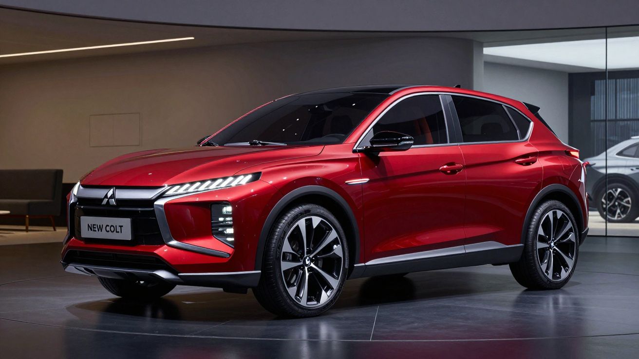 Carro SUV vermelho Mitsubishi New Colt estacionado em ambiente interno moderno e iluminado.