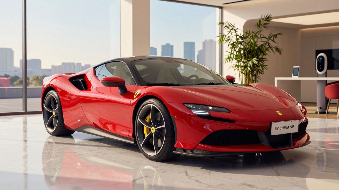 Carro esportivo vermelho Ferrari estacionado em ambiente moderno com piso de mármore e planta decorativa.