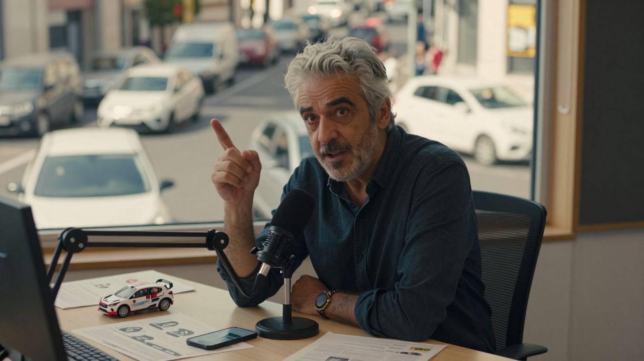 Homem grisalho falando ao microfone em mesa com miniatura de carro e documentos, com rua e carros ao fundo.